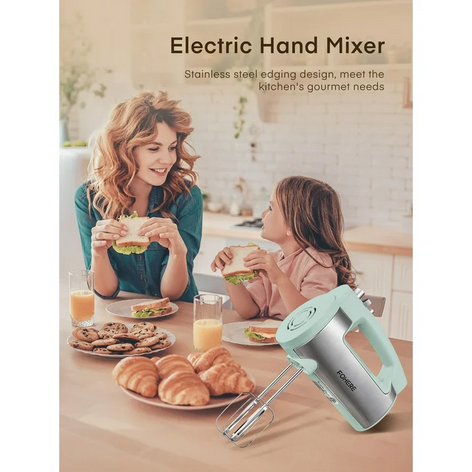 FOHERE 6 Speed Hand Mixer with Turbo Boost, Kitchen Hand Held Mixer Immersion Blender for Food Whipping, Includes 3 Attachments, Green