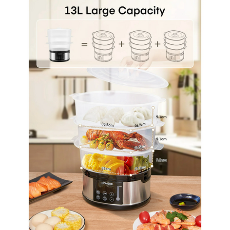 13QT Electric Cooking Steamer, with Delay Timer, 3-Tier Vegetable or Meat Food Steamer, 800W Fast Cooking