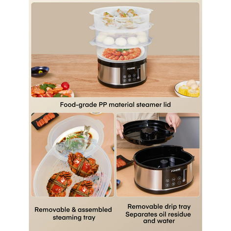13QT Electric Cooking Steamer, with Delay Timer, 3-Tier Vegetable or Meat Food Steamer, 800W Fast Cooking