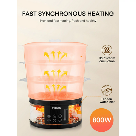 13QT Electric Cooking Steamer, with Delay Timer, 3-Tier Vegetable or Meat Food Steamer, 800W Fast Cooking