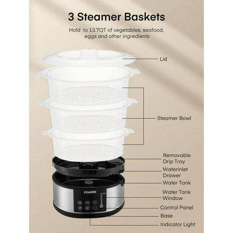 13QT Electric Cooking Steamer, with Delay Timer, 3-Tier Vegetable or Meat Food Steamer, 800W Fast Cooking