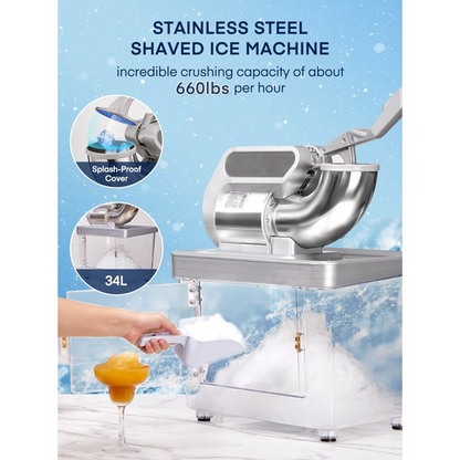 Eiscrusher 660LBS/H, 300W Elektrische Schnee-Eismaschine mit Doppelklingen, Rasierte Eismaschine aus Edelstahl