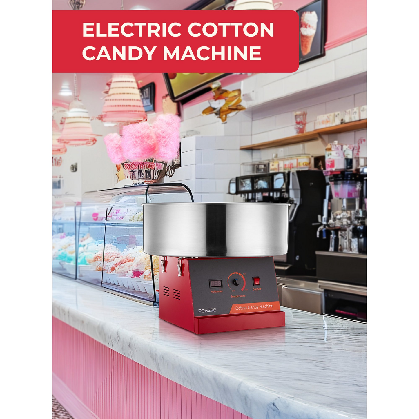 Elektrische Zuckerwattemaschine Kommerziell, 1000W Zuckerwatte-Maker mit Edelstahlschüssel, Zuckerschaufel, Perfekt für Partys, Geburtstage, Familien, Festivals