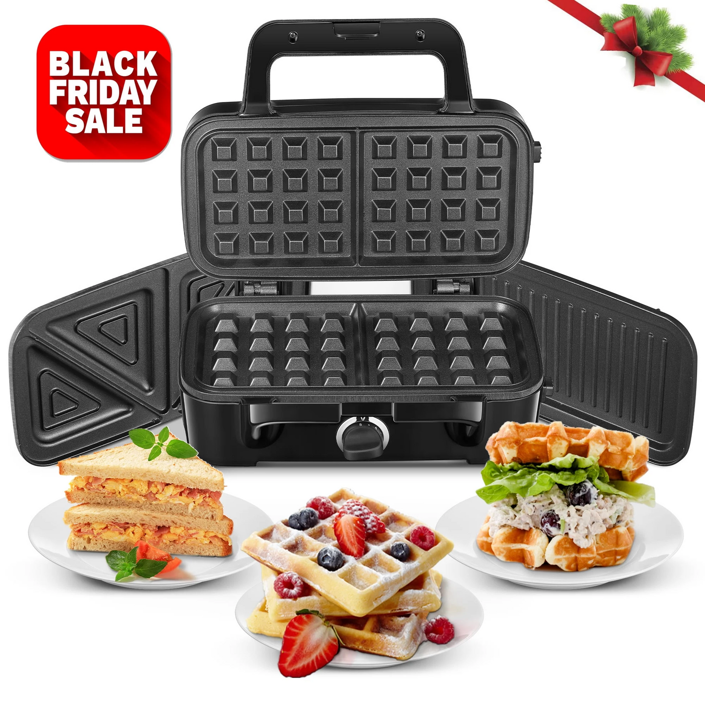 3-in-1 Sandwichmaker, 1200W Waffeleisen, Panini-Kontaktgrill, mit 5-Stufen-Temperaturregelung und abnehmbaren Platten, Antihaftbeschichtung, Schwarz