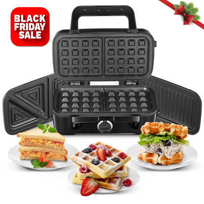 3-in-1 Sandwichmaker, 1200W Waffeleisen, Panini-Kontaktgrill, mit 5-Stufen-Temperaturregelung und abnehmbaren Platten, Antihaftbeschichtung, Schwarz