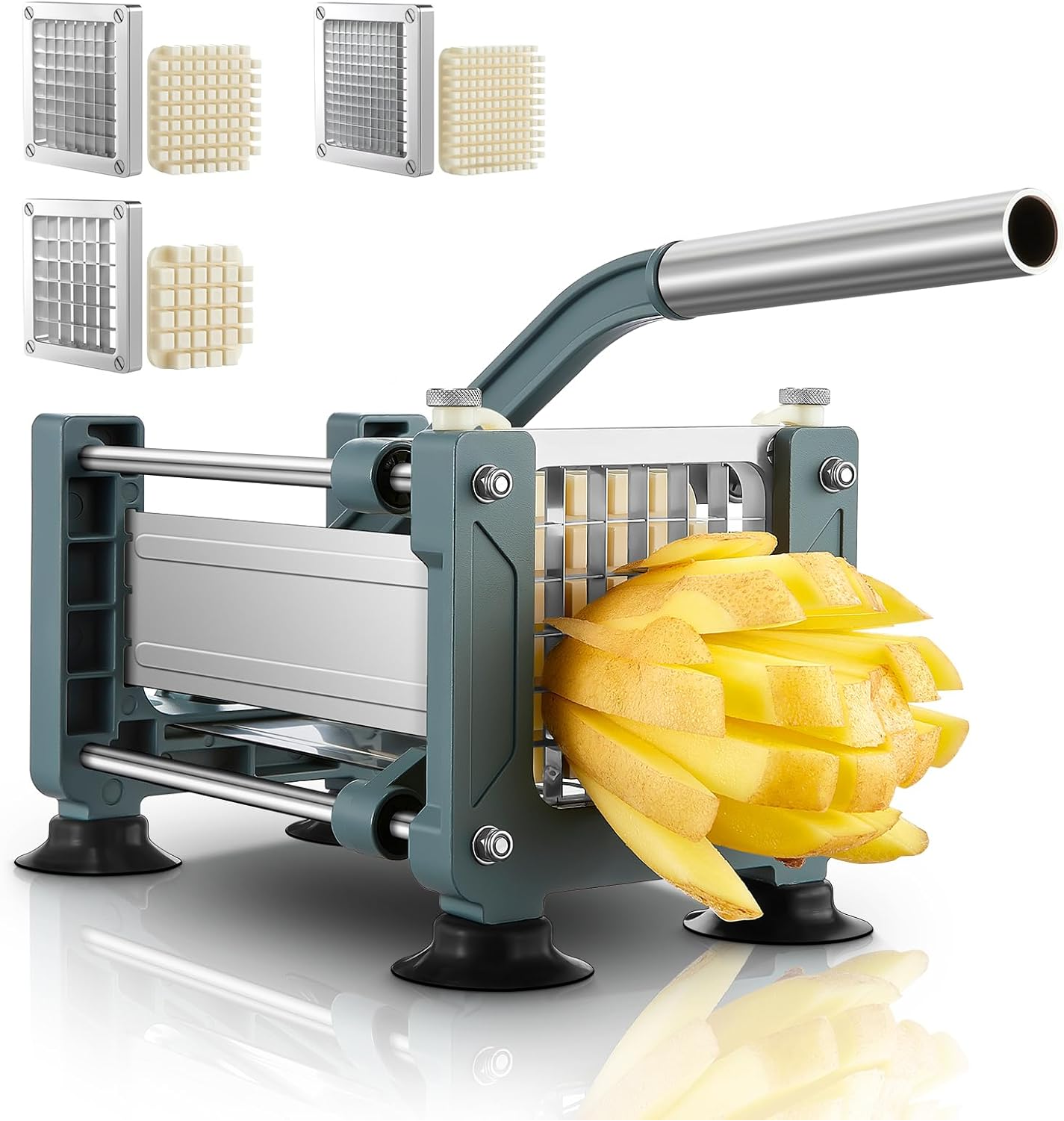 FOHERE Pommes-Frites-Schneider für Kartoffeln, Edelstahl-Kartoffelschneider mit 1/2 Zoll, 3/8 Zoll und 1/4 Zoll Klingen, perfekt für Süßkartoffeln, Karotten, Yamswurzeln, Gurken