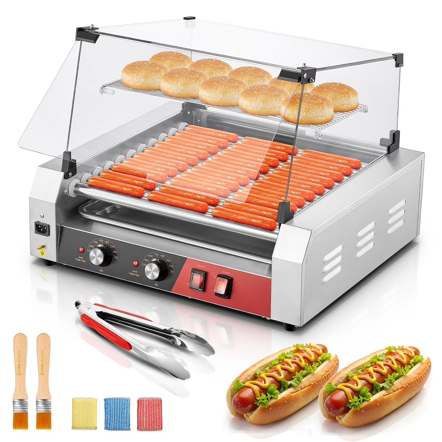 FOHERE Hot Dog Roller, 11 Rollen, 30 Hot Dogs, 1650W Hot Dog Maschine mit Brötchenwärmer, doppelter Temperaturkontrolle, Glasabdeckung, abnehmbarem Tablett