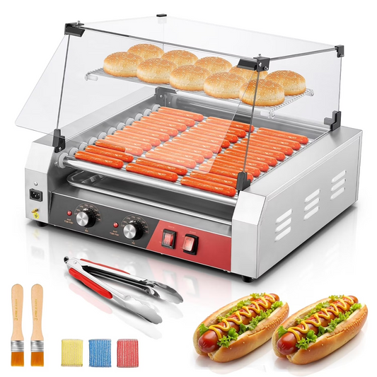 FOHERE Hot Dog Roller, 11 Rollen, 30 Hot Dogs, 1650W Hot Dog Maschine mit Brötchenwärmer, doppelter Temperaturkontrolle, Glasabdeckung, abnehmbarem Tablett