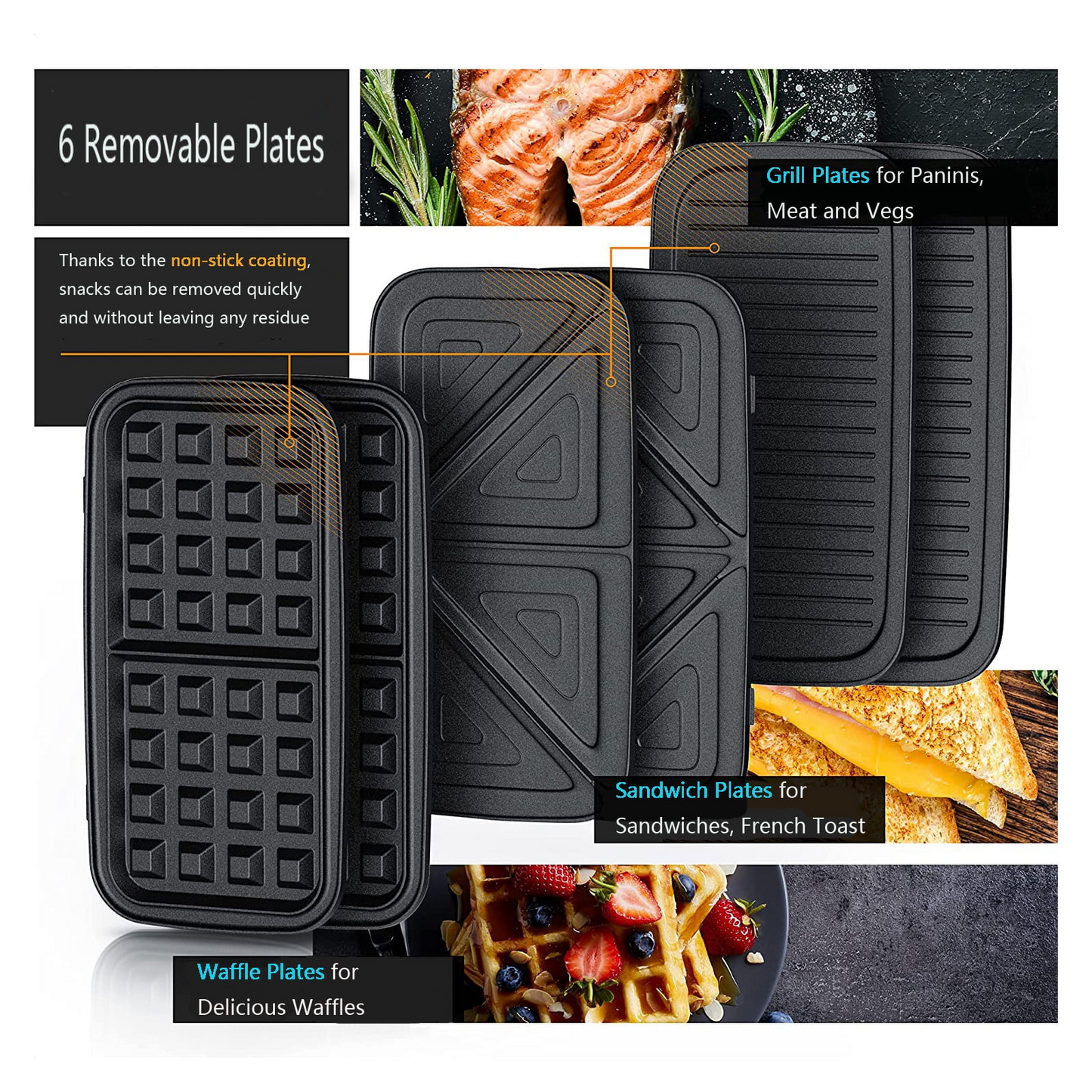 3-in-1 Sandwichmaker, 1200W Waffeleisen, Panini-Kontaktgrill, mit 5-Stufen-Temperaturregelung und abnehmbaren Platten, Antihaftbeschichtung, Schwarz
