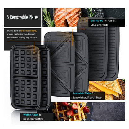 3-in-1 Sandwichmaker, 1200W Waffeleisen, Panini-Kontaktgrill, mit 5-Stufen-Temperaturregelung und abnehmbaren Platten, Antihaftbeschichtung, Schwarz