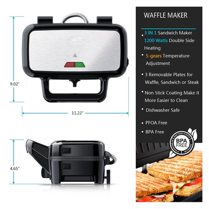 3-in-1 Sandwichmaker, 1200W Waffeleisen, Panini-Kontaktgrill, mit 5-Stufen-Temperaturregelung und abnehmbaren Platten, Antihaftbeschichtung, Schwarz