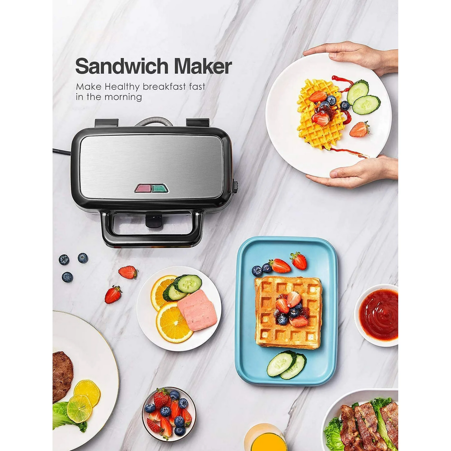 3-in-1 Sandwichmaker, 1200W Waffeleisen, Panini-Kontaktgrill, mit 5-Stufen-Temperaturregelung und abnehmbaren Platten, Antihaftbeschichtung, Schwarz