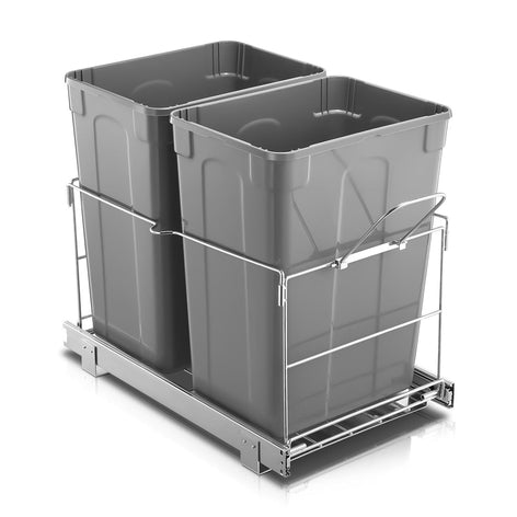 FOHERE Double Pullout Trash Can for Kitchen Cabinets 35 Qt Garbage Recycling Bin on Full Extension Slides, Black