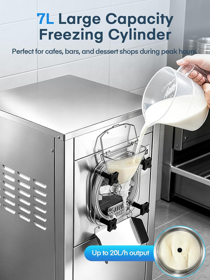 Commercial Ice Cream Machine 2000W, 20-28 L/H Yield Gelato Hard Serve Ice Cream Maker with 7L Stainless Steel Cylinder,LED Panel, Timer, Auto Clean for Restaurants Snack cafes