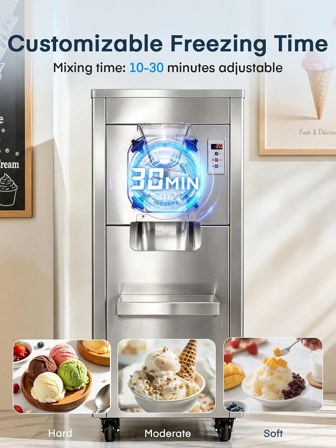 Commercial Ice Cream Machine 2000W, 20-28 L/H Yield Gelato Hard Serve Ice Cream Maker with 7L Stainless Steel Cylinder,LED Panel, Timer, Auto Clean for Restaurants Snack cafes