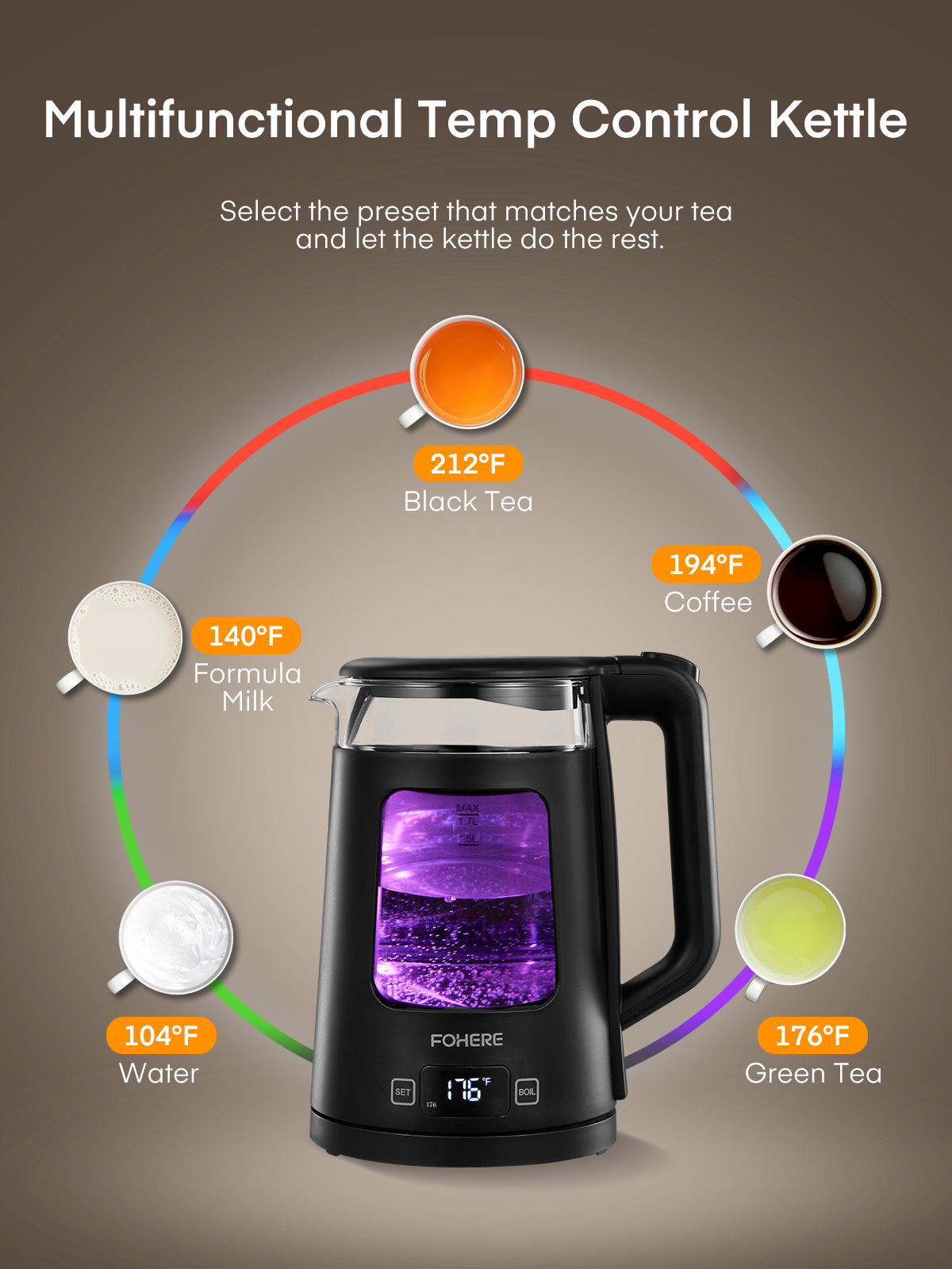 Wasserkocher mit Temperaturregelung, 5 voreingestellten LED-Farben, 1500W Schnellkochfunktion, 1.7L Glasteekessel & Heißwasserspender, Warmhaltefunktion, 100% BPA-frei, Edelstahlboden, Schwarz