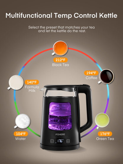 Wasserkocher mit Temperaturregelung, 5 voreingestellten LED-Farben, 1500W Schnellkochfunktion, 1.7L Glasteekessel & Heißwasserspender, Warmhaltefunktion, 100% BPA-frei, Edelstahlboden, Schwarz