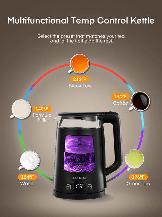 Wasserkocher mit Temperaturregelung, 5 voreingestellten LED-Farben, 1500W Schnellkochfunktion, 1.7L Glasteekessel & Heißwasserspender, Warmhaltefunktion, 100% BPA-frei, Edelstahlboden, Schwarz