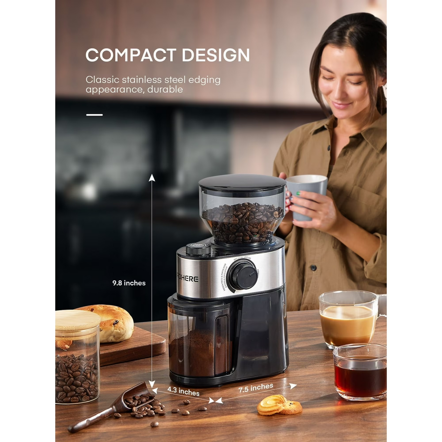 Elektrische Kaffeemühle FOHERE, 200W Upgrade, 18 präzise Mahlgradeinstellungen, 2-14 Tassen einstellbar, Schwarz