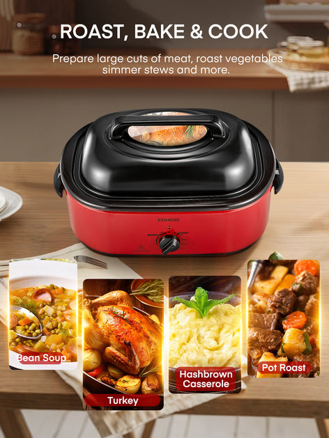 FOHERE Quart Electric Roaster Oven with Visible & Self-Basting Lid, Large Turkey Roaster with Defrost Warm Function, Adjustable Temperature, Removable Pan Rack, Stainless Steel, Red