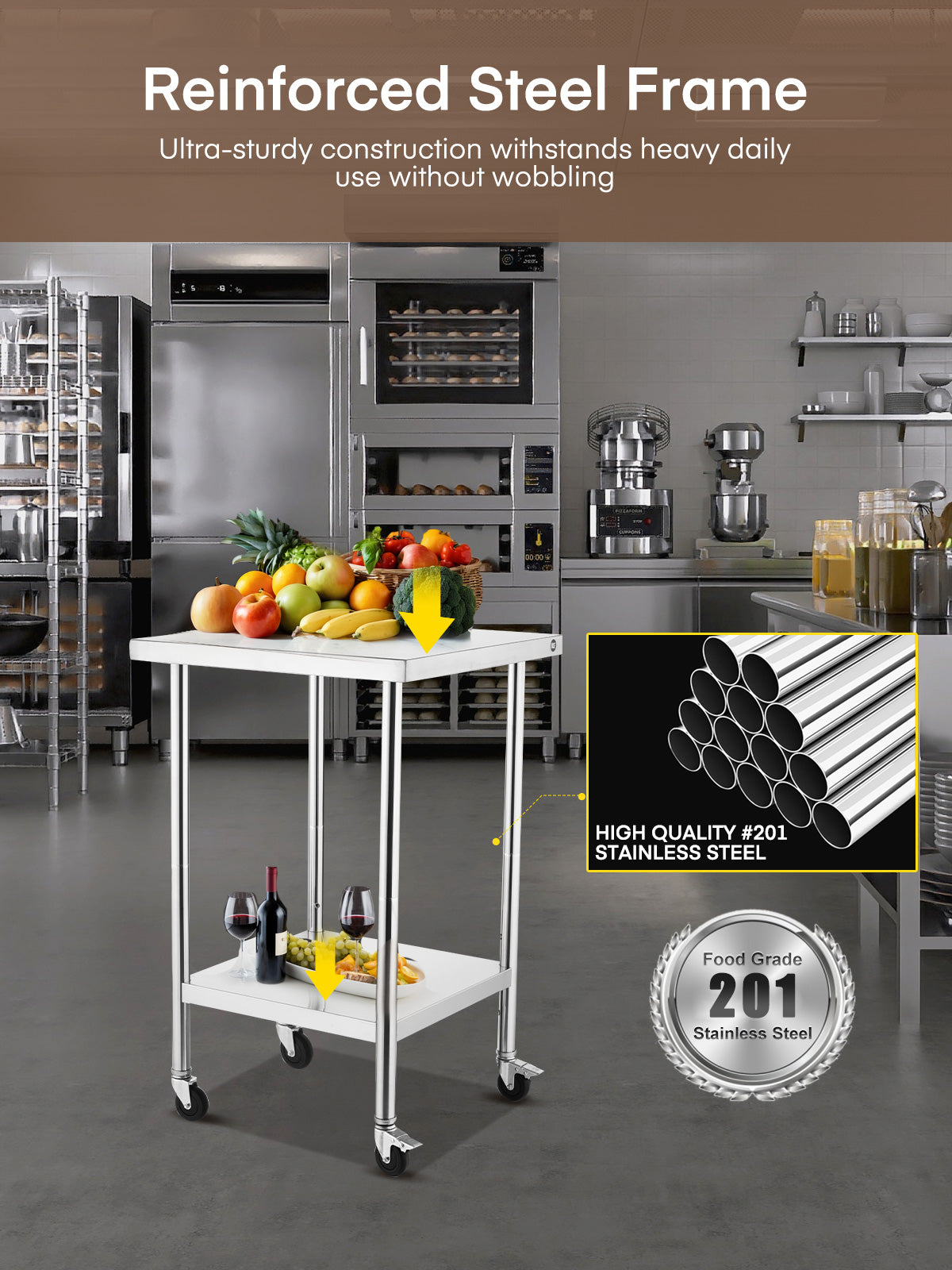 Edelstahltisch FOHERE, Metalltisch 61 x 61 cm mit 4 Rollen, zwei davon mit Bremsen, NSF Küchentisch für Restaurant, Zuhause, Außenbereich, Garten, Lager und Hotel