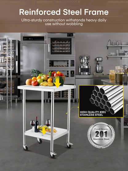 Edelstahltisch FOHERE, Metalltisch 61 x 61 cm mit 4 Rollen, zwei davon mit Bremsen, NSF Küchentisch für Restaurant, Zuhause, Außenbereich, Garten, Lager und Hotel