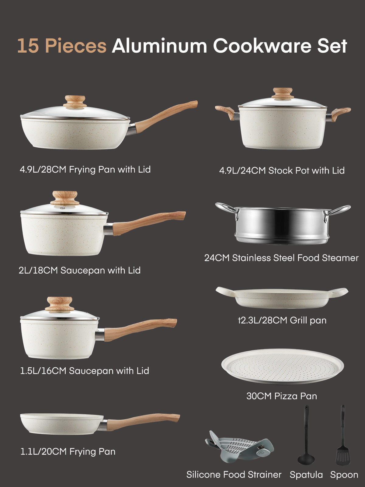 FOHERE Topf- und Pfannenset mit Deckeln 15-teilig, Aluminium Antihaft Induktions-Kochgeschirr-Sets, mit Bratpfannen, Saucenpfannen, Suppentopf, Pizzapfanne, Grillpfanne und Dampfgarer, Silikon-Sieb, Weiß