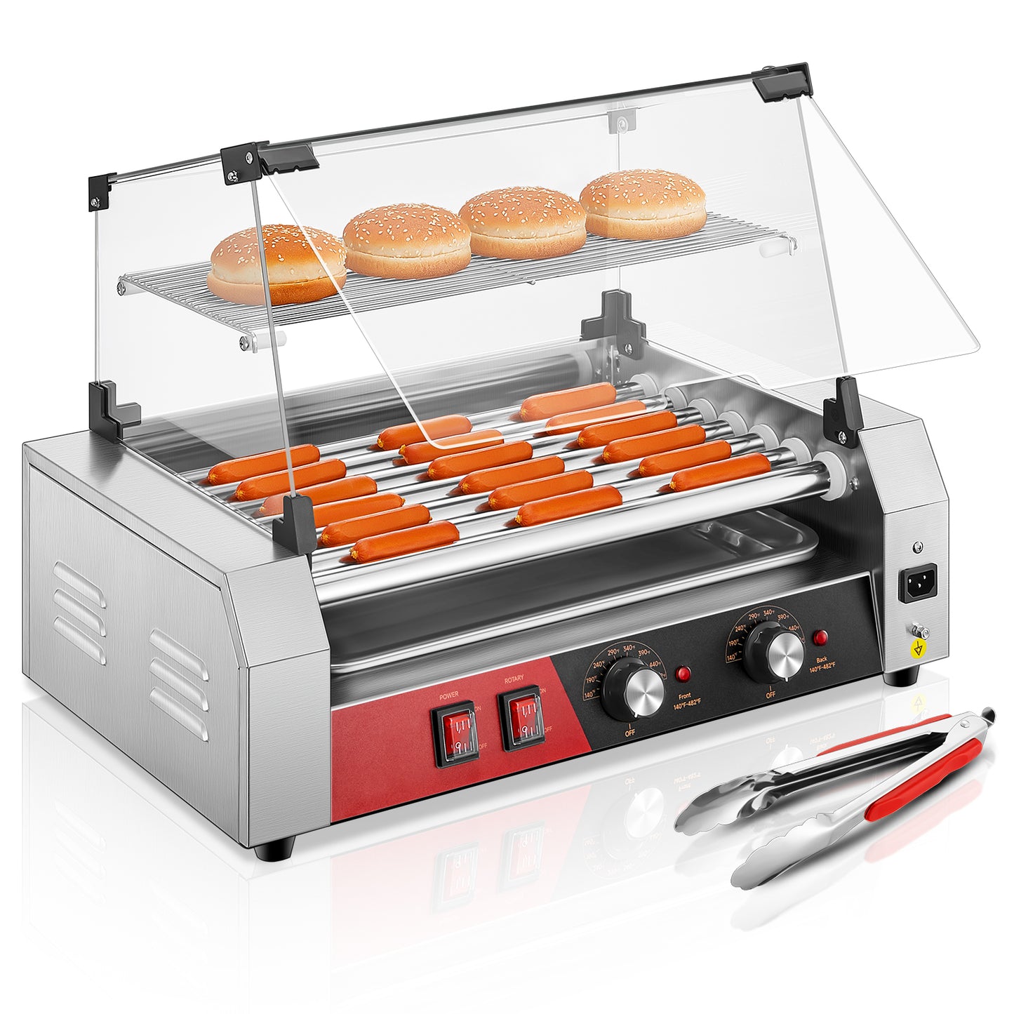 Elektrischer Hot-Dog-Grill mit 7 Rollen und Spritzschutz & Ablage 1050W