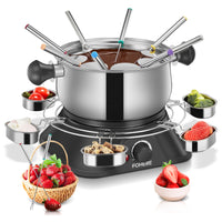FOHERE Electric Fondue Set with 1500W Power Temperature Control for Cheese,Chocolate,Oil and Broth, 2L Non-Stick Electric Fondue Pot with 8 pcs Forks,6 pcs Cups, Silver
