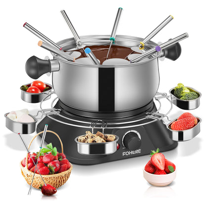 FOHERE Elektro-Fondueset mit 1500W Leistung Temperaturregelung für Käse, Schokolade, Öl und Brühe, 2L Antihaft-Elektro-Fonduetopf mit 8 Gabeln, 6 Tassen, Silber