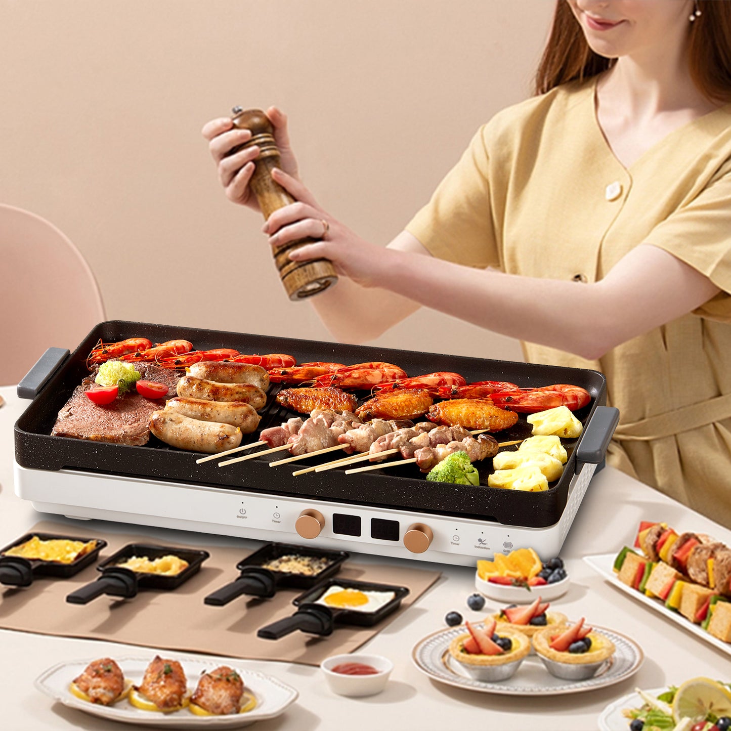Induction Cooktop 2 Burners, Double Induction Hot Plate with Removable Cast Iron Griddle Pan Non-Stick, Independent Temperature Control, 8 Power Levels