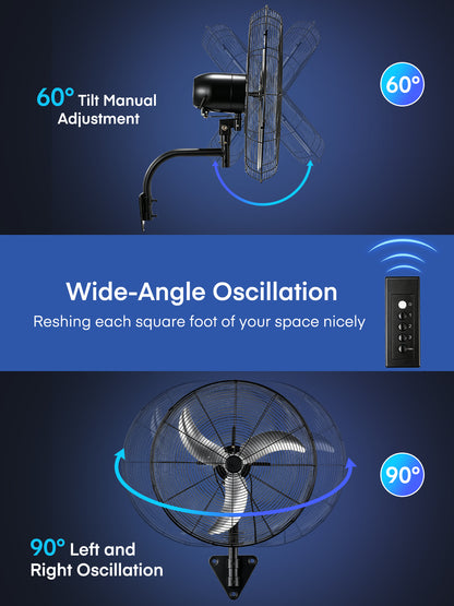 24 Inch Wall Mount Fan with Oscillation, 3-speed, IPX4 Waterproof, High-speed Industrial Wall Fan, Suitable for Garages, Homes, Warehouses Use. FOHERE