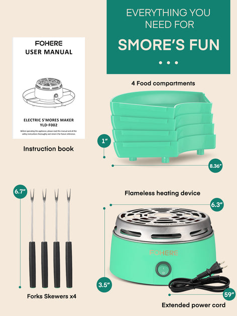 FOHERE Smores Maker Tabletop Indoor, Flameless Electric Marshmallow Roaster with 4 Detachable Trays & 4 Roasting Forks, Movie Night Supplies & Housewarming Gift, Green