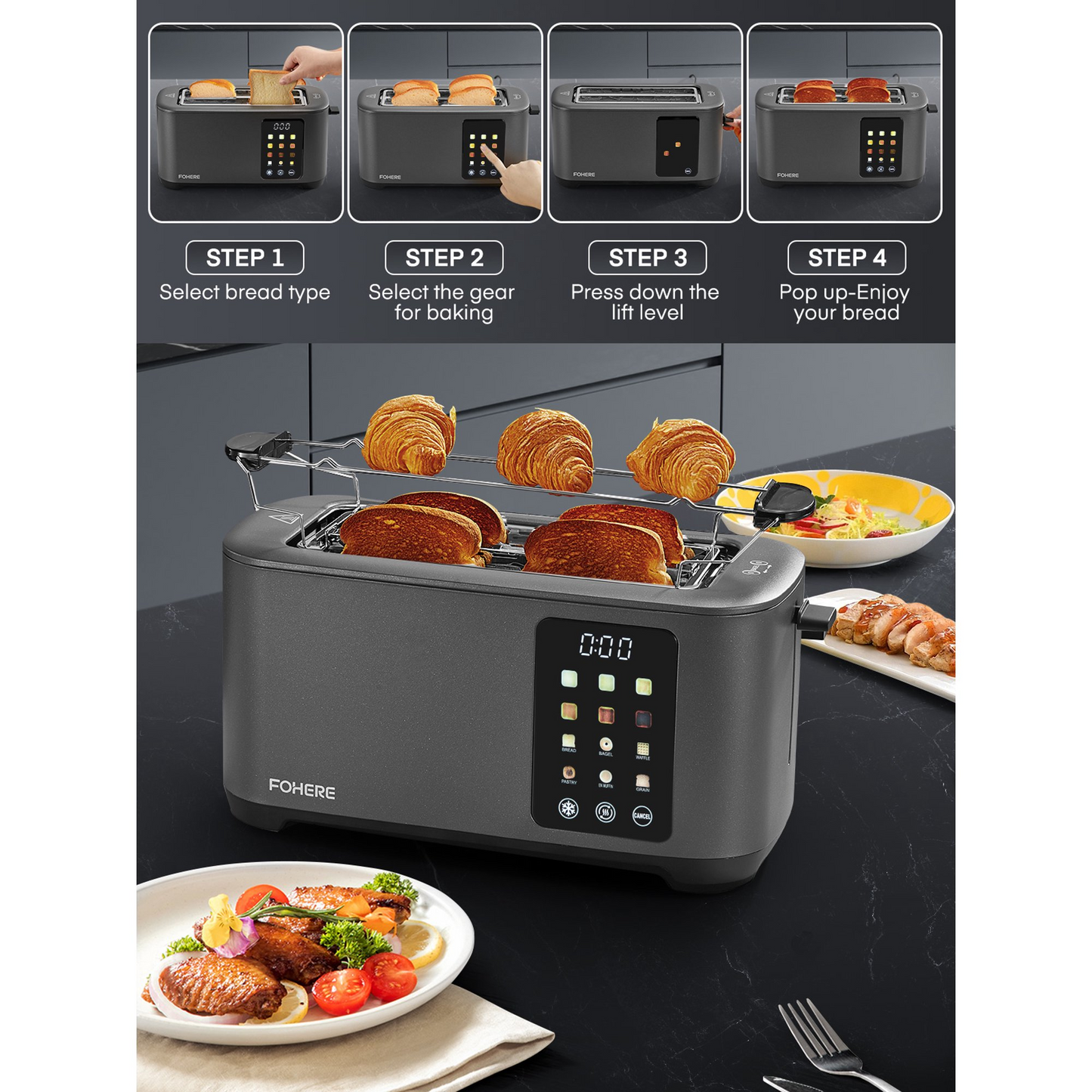4 Slice Smart Toaster, LCD and Touchscreen, 6 Bread Types & Shade Settings, Retractable Warming Rack, Cancel/Defrost/Reheat Functions, 1400W