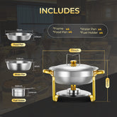 Chafing Dishes for Buffet 4 Pack, 6QT Round Stainless Steel Elegant Gold Stand, 4 Food Pan/Lid, Chafing Dish Buffet Set,  Food Warmers for Parties, Events, Wedding, Camping, Dinner