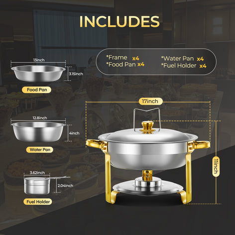 Chafing Dishes for Buffet 4 Pack, 6QT Round Stainless Steel Elegant Gold Stand, 4 Food Pan/Lid, Chafing Dish Buffet Set,  Food Warmers for Parties, Events, Wedding, Camping, Dinner