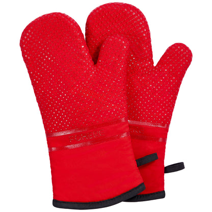 Oven Mitts, Heat Resistant Kitchen Oven Gloves 572°F, Non-Slip Silicone Surface, Extra Long Flexible Thick Mitts for Kitchen , Cooking , Baking , BBQ , Grid Red