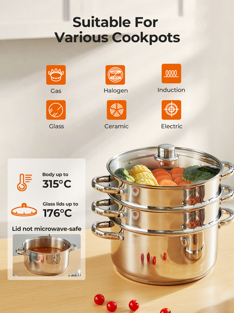 3-Tier Stainless Steel Steamer Pot, 8.5QT Multi-Function Stock Pot with Tempered Glass Lid, Stackable, Compatible with Induction Gas Stove, FOHERE