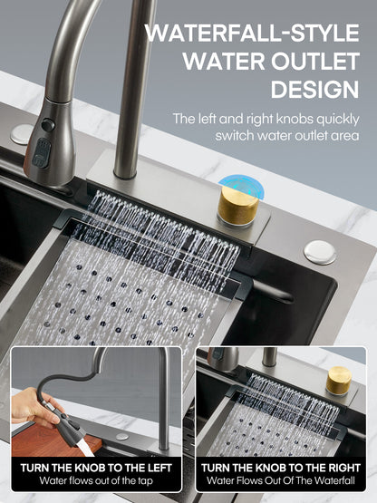 31,5-Zoll-Wasserfall-Küchenspüle in Arbeitsplatte Fohere 31,5 x 18,1 Zoll Einbau-Wasserfall-Edelstahl-Einzelspülbecken