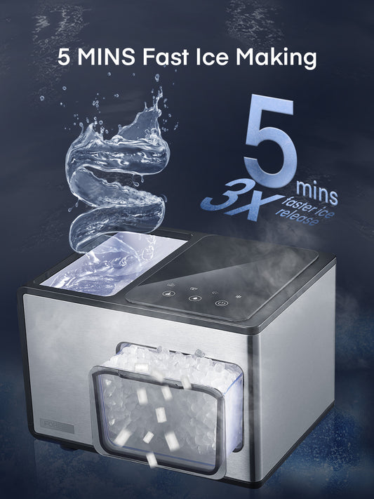 Tisch-Nugget-Eismaschine Neueste Version, 40Lbs pro Tag, 5 Minuten Eisproduktion, Selbstreinigend, Fingerabdruckfreier Edelstahl, Glänzendes Glas-Touchpanel, FOHERE