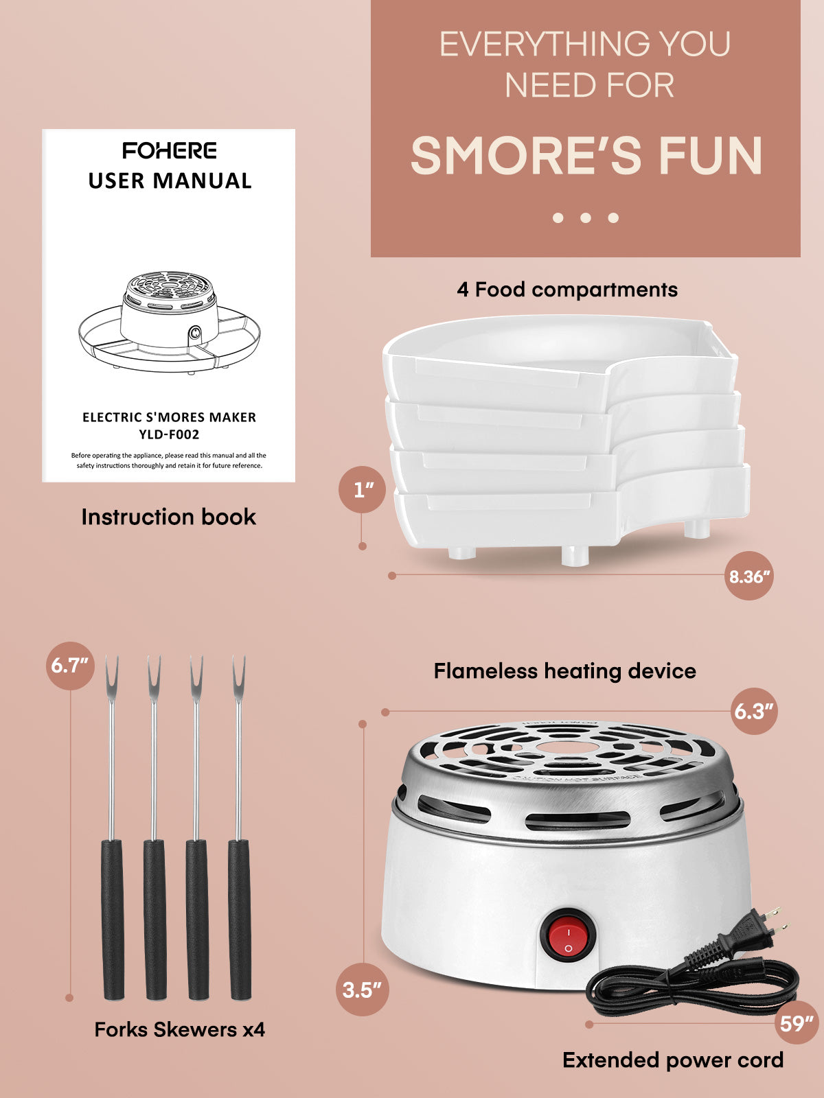 FOHERE Smores Maker für Tischplatte Indoor, mit 4 abnehmbaren Tabletts & 4 Röstgabeln, Geschenk, Weiß