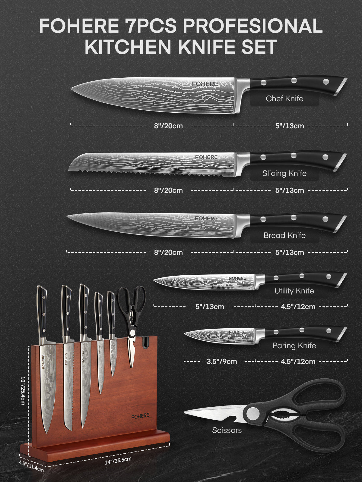 FOHERE Küchenmesser-Set, 7-teiliges Messer-Set mit Magnetischem Messerhalter und Messerschärfer, Scharfes Kochmesser-Set mit Ergonomischem Griff, Hochkohlenstoff-Edelstahlmesser-Set für die Küche