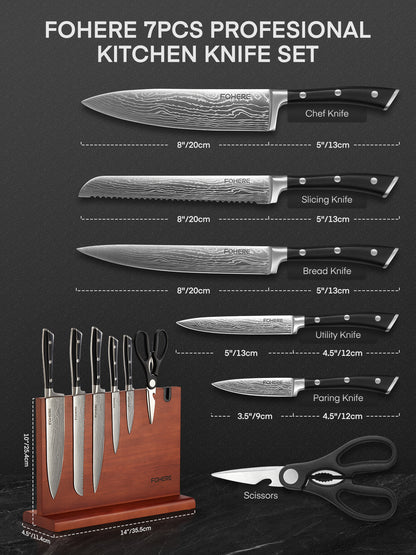 FOHERE Küchenmesser-Set, 7-teiliges Messer-Set mit Magnetischem Messerhalter und Messerschärfer, Scharfes Kochmesser-Set mit Ergonomischem Griff, Hochkohlenstoff-Edelstahlmesser-Set für die Küche