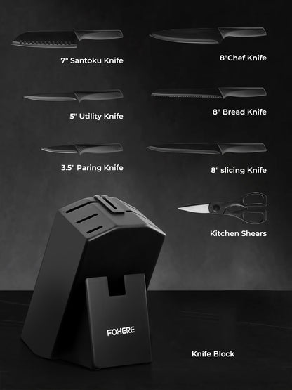FOHERE Knife Set 8 Pieces Kitchen Knives Set with Block High Carbon Stainless Steel Self-Sharpening Knife Block Set with Built-in Sharpener, Black