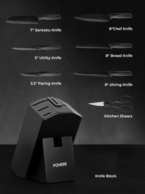 FOHERE Knife Set 8 Pieces Kitchen Knives Set with Block High Carbon Stainless Steel Self-Sharpening Knife Block Set with Built-in Sharpener, Black