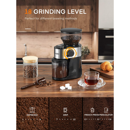 Elektrische Kaffeemühle FOHERE, 200W Upgrade, 18 präzise Mahlgradeinstellungen, 2-14 Tassen einstellbar, Schwarz
