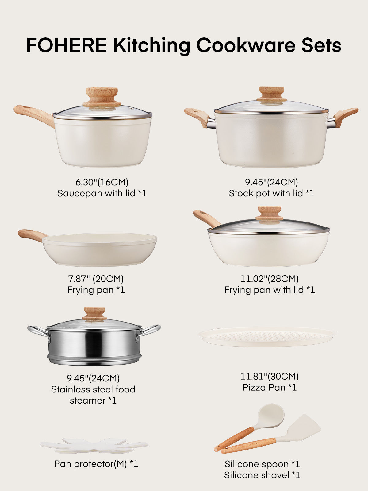 FOHERE 12-teiliges Topf- und Pfannen-Set, Antihaft-Keramik-Kochgeschirr-Set, Küchen-Induktionskochset mit Pizzapfanne, Dampfgarer, Kochtöpfen, Bratpfannen (PFOS-, PFOA-frei)