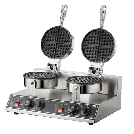 FOHERE 2400W Commercial Waffle Maker, Double-Head Waffle Machine, Non-Stick Stainless Steel Waffle Iron with Temp & Time Control, for Restaurants & Cafe