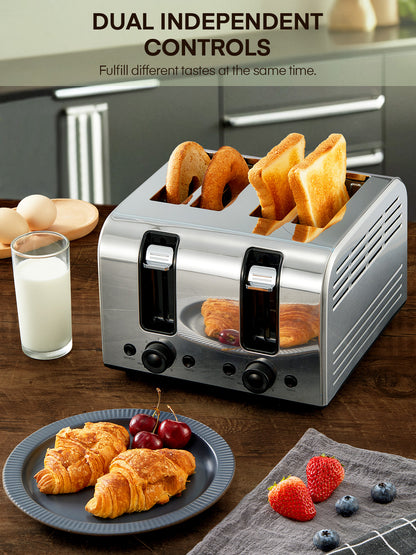 4-Schlitz-Toaster, 1500W Extra breiter Schlitz Toaster, für Bagel, Brot, Waffeln, mit 6 Bräunungsstufen, zwei unabhängige Bedienfelder, Aufwärm-/Auftau-/Stoppfunktionen, Edelstahl Silber