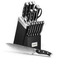 Knife Block Set, FOHERE 14 Pieces Self Sharpening Knife Block Set, Stainless Steel Waved Pattern Knife Set with Block, Rust & Stain Resistant Kitchen Knives and Triple Riveted Handle, Black